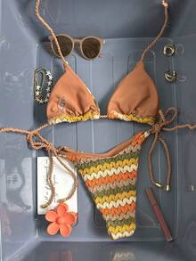 Swim Vcay Women's Spring/Summer Jacquard Fabric Halter Neck Braided Rope Metal Pendant Bikini Set - Multicolor - View 3