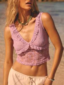 Aralina 春季荷叶边弹力薄纱蕾丝面料，薰衣草色，荷叶边装饰，深V领，尽显女性柔美俏皮，夏季女装必备，可爱节日露脐上衣，柔软弹力，度假必备。 - 紫色 - 查看 2