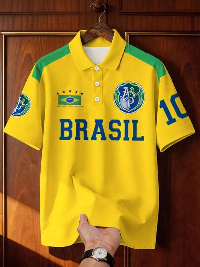 Aesthetic Post Bloke Core Sporty Style  Retro Brazil #10 Contrast Color Short Sleeve Football Jersey, Loose Fit Sports Tee, Men's Short Sleeve Polo Shirt, Suitable For Women, Women's Printed T-Shirt, Women's Spring/Summer Top, Brazil Team Jersey/Brazil Football Shirt, Suitable For Women, Men's Apparel, Printed T-Shirt Going Out Top Woman  Shirt Woman Casual  Boyfriend's Gift  Tops For Women  Shirt Man Casual  Spring Outfits  Summer Holiday Outfits  Spring Clothes  Shirts For Women