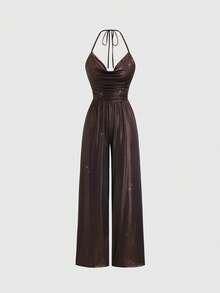 Sweetra Women's 70s Retro Elegant Brown And Gold Ice Silk Jumpsuit,Summer Bombshell Plunging Neck Halter Backless Metal Decor Buckle Party Wide Leg Pant - Coffee Brown - View 1