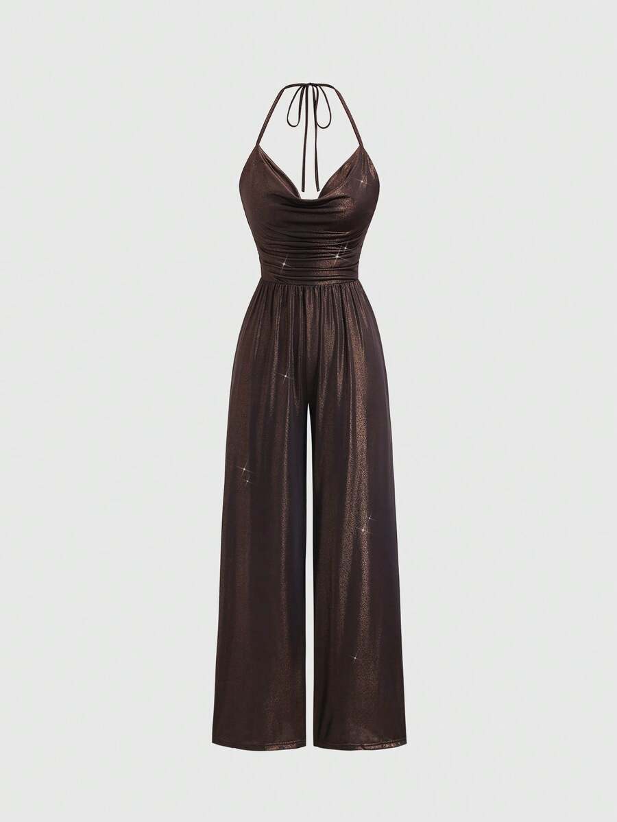 Sweetra Women's 70s Retro Elegant Brown And Gold Ice Silk Jumpsuit,Summer Bombshell Plunging Neck Halter Backless Metal Decor Buckle Party Wide Leg Pant - Coffee Brown - View 1