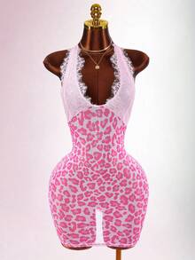Amplova Women's Fashion Sexy Lace Patchwork Leopard Print Backless Bodycon Mini Dress - Pink - View 1