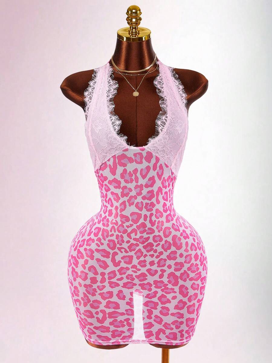 Amplova Women's Fashion Sexy Lace Patchwork Leopard Print Backless Bodycon Mini Dress - Pink - View 1