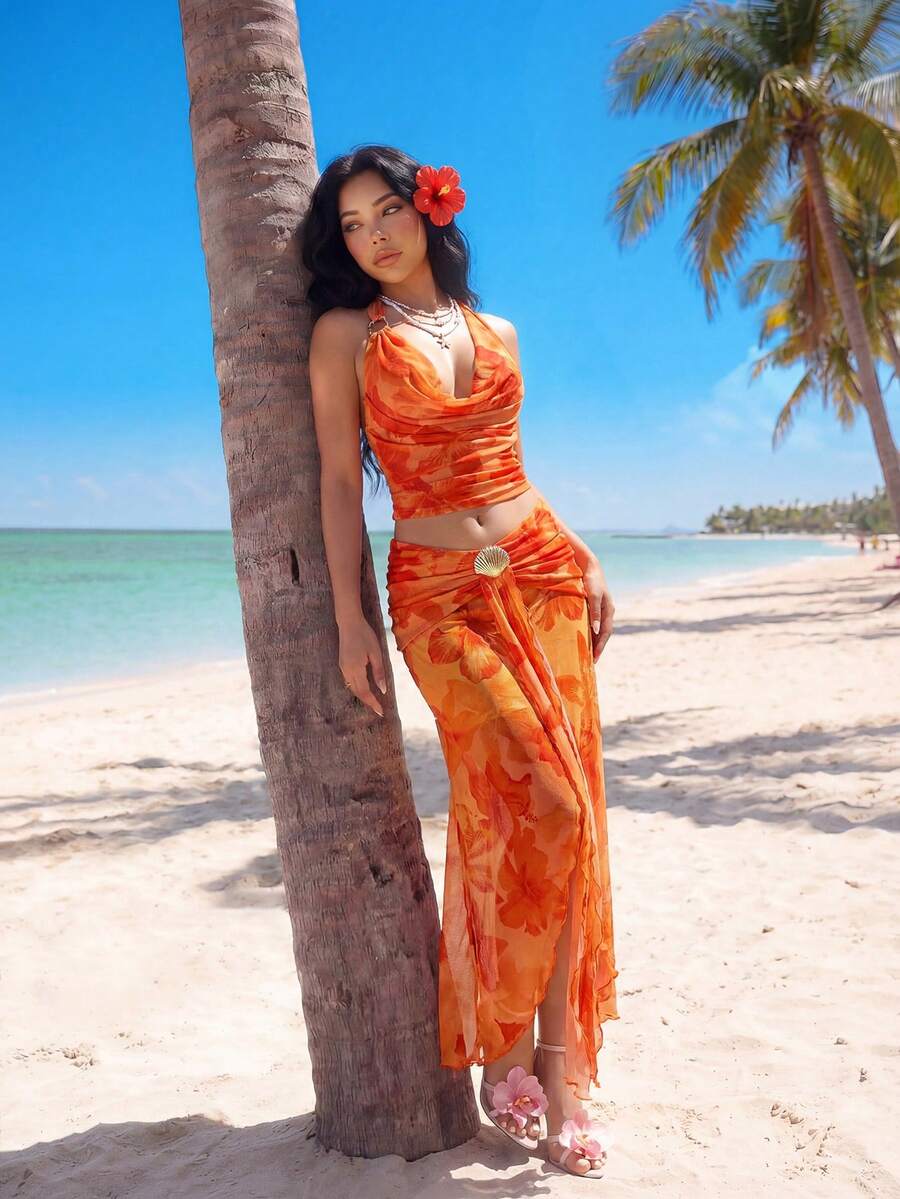 Sweetina 花卉网纱印花半身裙，度假风 - 橘色 - 查看 1