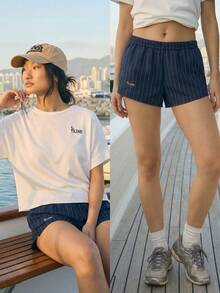 Fluxe Women's Elastic Waist Striped Loose Casual Shorts - Navy Blue - View 1