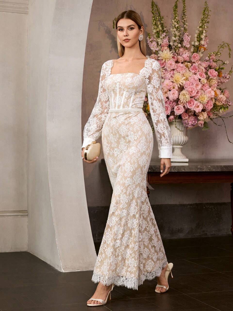 MOTF Soiréza ELEGANT SQUARE NECK LONG SLEEVE MAXI LACE PARTY GOWN – FLORAL LACE FABRIC WITH SEAM DETAILING