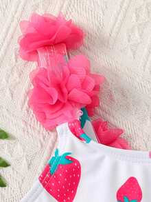 SHEIN Áo tắm liền thân dệt kim họa tiết hoa 3D hình dâu tây cho bé gái, màu hồng, thích hợp cho bơi lội mùa hè và kỳ nghỉ biển. - Hồng - Xem 3