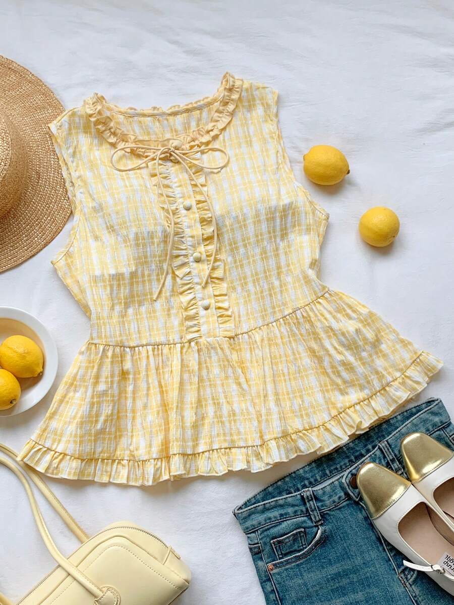 Comfortcana Women's Casual Plaid Sleeveless Shirt - Yellow - View 1