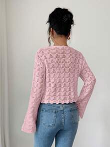 Elenzga Cárdigan de mujer elegante con mangas acampanadas, nudo delantero y calado - Rosa - Ver 2