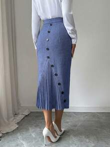 SHEIN Elenzya Chân váy bút chì xếp ly ôm sát thanh lịch dành cho nữ - Màu xanh lam - Xem 4