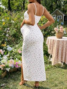 SHEIN Maternity Floral Print Twist Front Split Casual Vacation Cami Dress - Multicolor - View 2