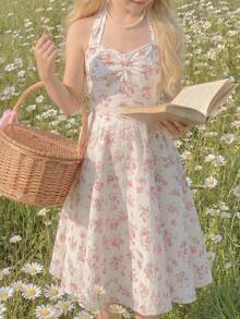 SHEIN 少女露背蝴蝶结碎花优雅度假连衣裙 - 粉色 - 查看 5