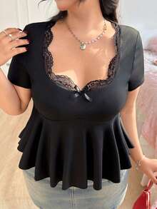 CovetEZ Plus Size Summer Sweet Elegant Lace Patchwork A-Line Elastic Black T-Shirt Night Out - Black - View 1