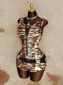 Sunspun Sleeveless Zebra Print Sexy Knit Jumpsuit, Spring/Summer - Multicolor - View 7