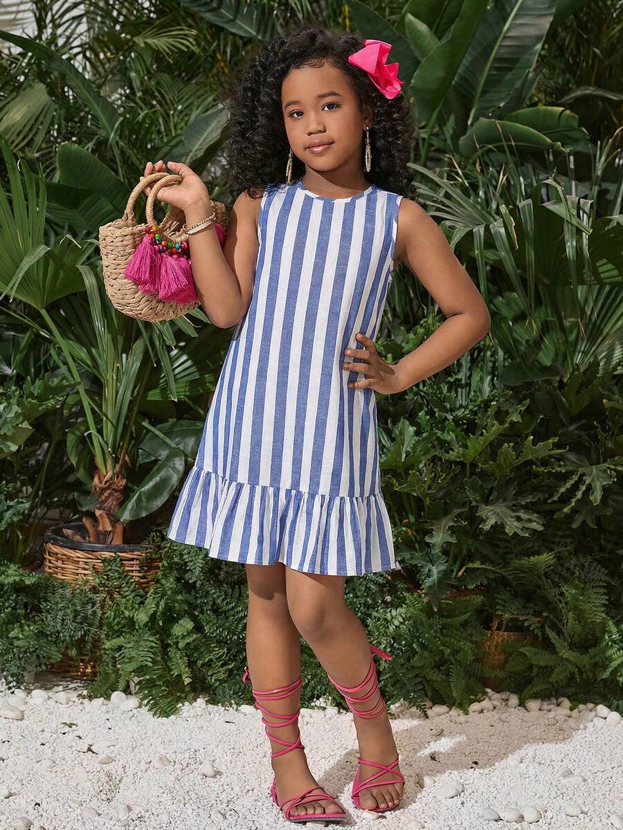 少女条纹无袖休闲连衣裙，宽松A字型，白蓝条纹，适合度假、姐妹装、公园郊游、全家福、派对、日常休闲穿着 - 藍白色 - 查看 1