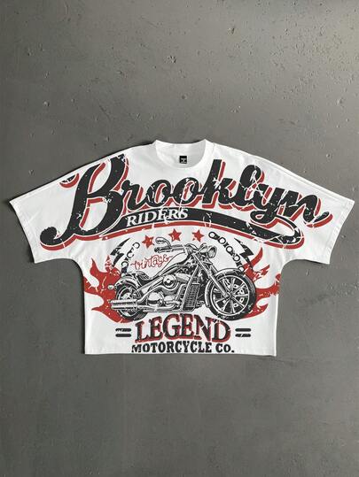 StoneGrade 复古摩托车风格美式字体印花短款宽松蝙蝠袖T恤，时尚百搭，约会聚会必备单品，适合送给男友