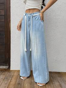 Sunnyshic 休闲水洗牛仔裤，配腰带，低腰 - 淺色水洗藍 - 查看 6
