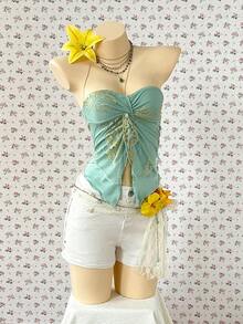 SuriyaCove Women's Dual-Color Lace Twist Halter Neck Blouse, Vacation Style - Green - View 3