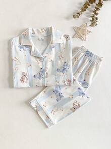 两件套男童可爱蓝白条纹鸭熊印花纽扣衬衫和裤子舒适阻燃睡衣套装 - 藍色 - 查看 1