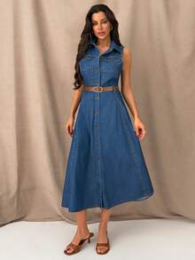 SHEIN Sleeveless, Collared Button, A-Line, Raw Wash S Denim Midi Dress With Belt - Dark Wash - View 5