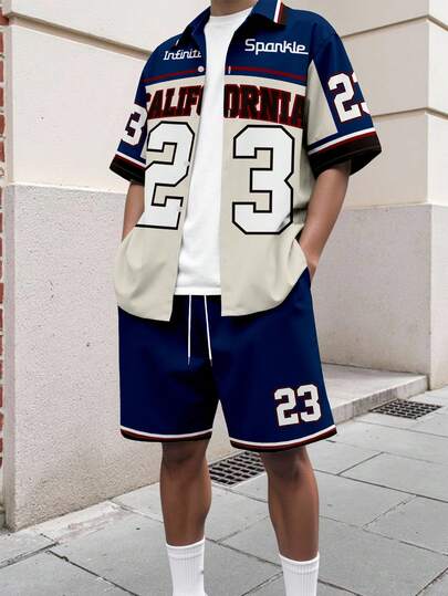 Manfinity EMRG 男士字母印花短袖衬衫和抽绳腰短裤休闲套装