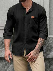 Manfinity CasualCool 男士休闲百搭长袖衬衫，通勤必备 - 黑色 - 查看 3