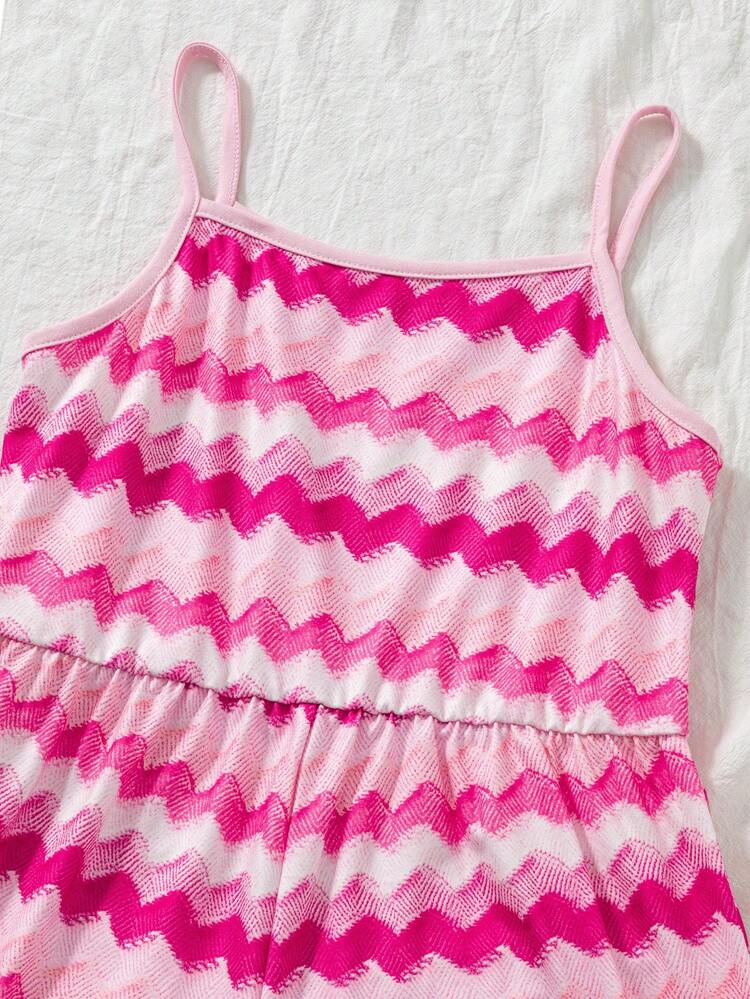 SHEIN Sparklyn Tween Girl Romper, Elegant Multi-Color Romper, Comes With Bag, Rainbow Striped Romper With Ruffled Bowknot Straps, Suitable For Vacation, School, Outings, Spring/Summer - Pink - View 5