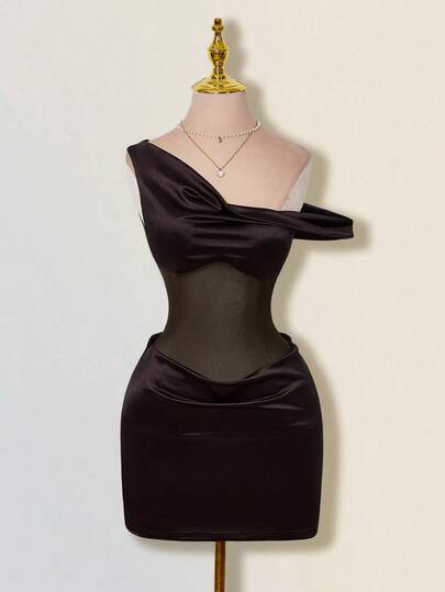 SHEIN ICON Asymmetrical Shoulder Mesh Patchwork Mini Dress