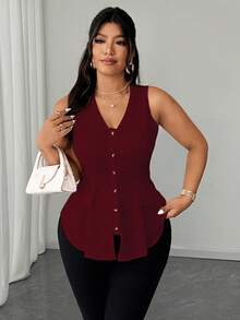 Elenzga Áo kiểu nữ cỡ lớn thanh lịch, đa năng, cổ chữ V, có túi phía trước, không tay, thích hợp mặc hàng ngày, mùa xuân/hè, năm 2025. - Màu Đỏ Sâu - Xem 5