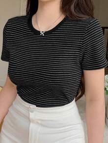 Dazy Plus Colorblock Striped Crew Neck Short Sleeve Slim Fit T-Shirt, Spring/Summer - Black - View 1