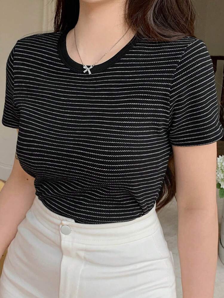 Dazy Plus Colorblock Striped Crew Neck Short Sleeve Slim Fit T-Shirt, Spring/Summer