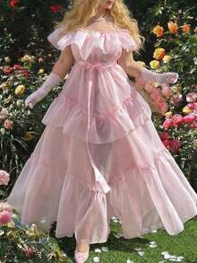 Lyrianda 大码露肩荷叶边腰身A字蛋糕裙，优雅复古可爱，适合派对、婚礼，欧根纱蓬蓬长裙，长款，超长款，A字裙，粉色 - 粉色 - 查看 1