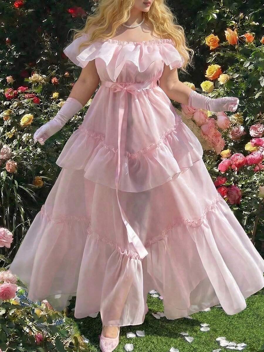 Lyrianda 大码露肩荷叶边腰身A字蛋糕裙，优雅复古可爱，适合派对、婚礼，欧根纱蓬蓬长裙，长款，超长款，A字裙，粉色 - 粉色 - 查看 1