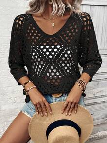 Breezaya Women Loose 3/4 Sleeve Hollow Out Knit Top - Black - View 6