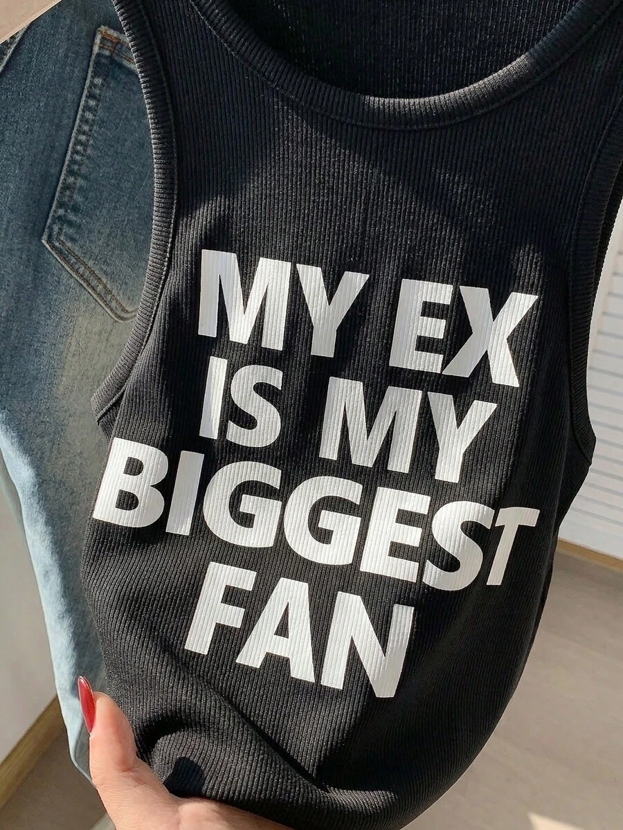Comfortcana Plus Size Casual Slogan Print Sleeveless Round Neck Tank Top, Spring/Summer - Black - View 1