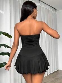 SHEIN PETITE 女士纯色性感露肩褶皱腰双层荷叶边下摆紧身连身裤 - 黑色 - 查看 2