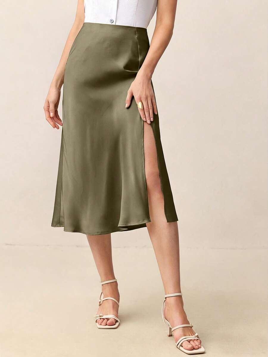 BizChic 奶油色侧开衩优雅浪漫A字女裙，百搭现代都市通勤、日常穿着，90年代复古风，适合圣诞节、新年、情人节派对、海滩、毕业典礼、时尚活动、嘉年华、假日、婚礼宾客、早午餐、机场等多种场合。 - 綠色 - 查看 1