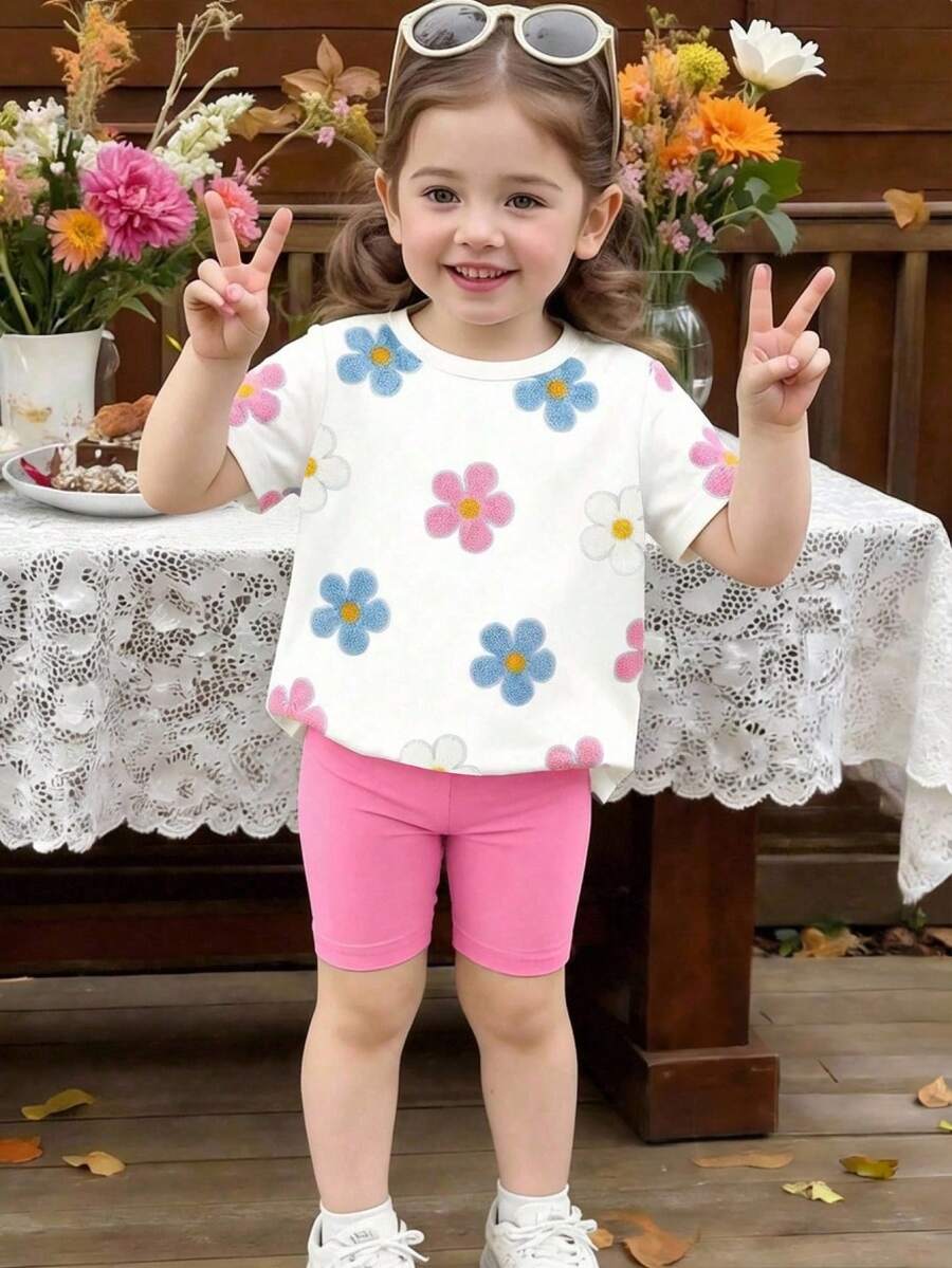 两件套少女套装，简约甜美碎花短袖T恤搭配纯色短裤，适合夏季外出，碎花T恤和粉色骑行短裤套装 - 彩色 - 查看 1