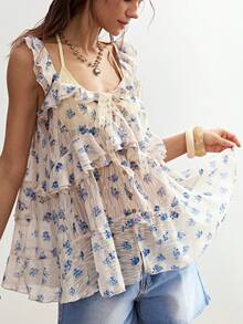 Bohemela Women's Chiffon Printed Ruffle Hem Camisole For Spring/Summer Vacation - Blue - View 5
