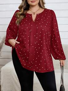 SHEIN CURVE+ Áo sơ mi dài tay cổ chữ V cỡ lớn, in họa tiết hoa toàn thân, kiểu dáng thường ngày. - Màu Đỏ Sâu - Xem 11