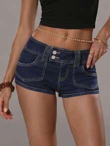 TRNVIE Quần short denim siêu ngắn thời trang, kiểu dáng nữ tính, có túi. - Rửa tối - Xem 6