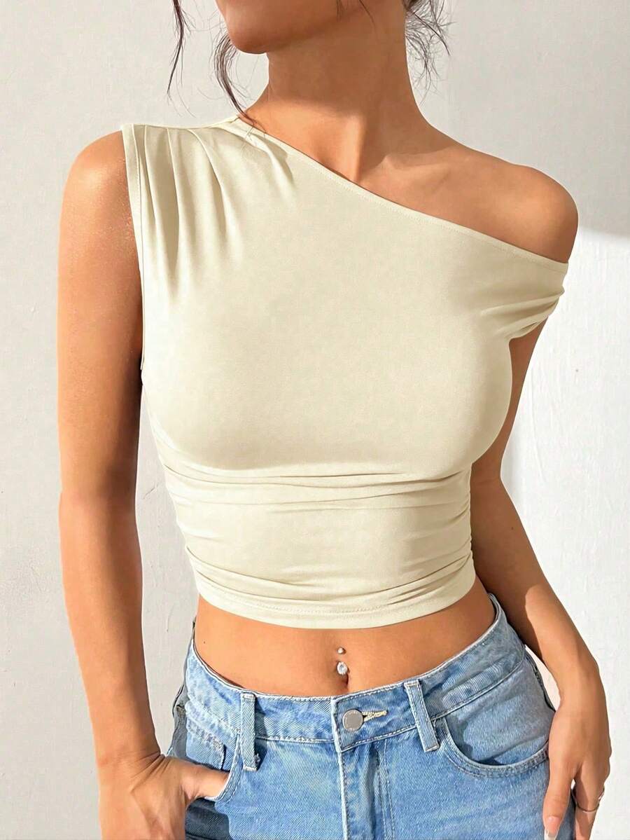 SHEIN EZwear 女士浅黄色无袖露脐背心，米黄色衬衫 - 淡黃色 - 查看 1