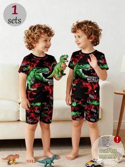 1set Young BoySpring/Summer Dinosaur Print Snug Fit Short Sleeve Pajama Set, Includes Round Neck Top And Shorts