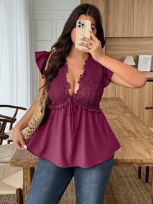 Weeklong Plus Size Women Casual/Vacation/Commute Lace Ruffle V-Neck Cap Sleeve Blouse - Burgundy - View 5