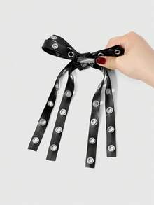 ROMWE Grunge Punk 2 Y2k 暗黑哥特复古朋克宝贝，黑色皮革金属空气眼双层蝴蝶结发夹，鸭嘴夹，侧夹，组合套装，适合姐妹和女朋友日常佩戴，节日礼物。 - 黑色-23 - 查看 5