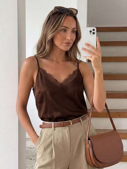 Easowa Women's Solid Color Contrast Lace Loose Camisole Women Casual Outfits Outfit Ideas For Women Trending Outfit Women S Summer Outfits Womens Tops For Summer,Summer Top Womens Summer Outfits Brown Cami Top