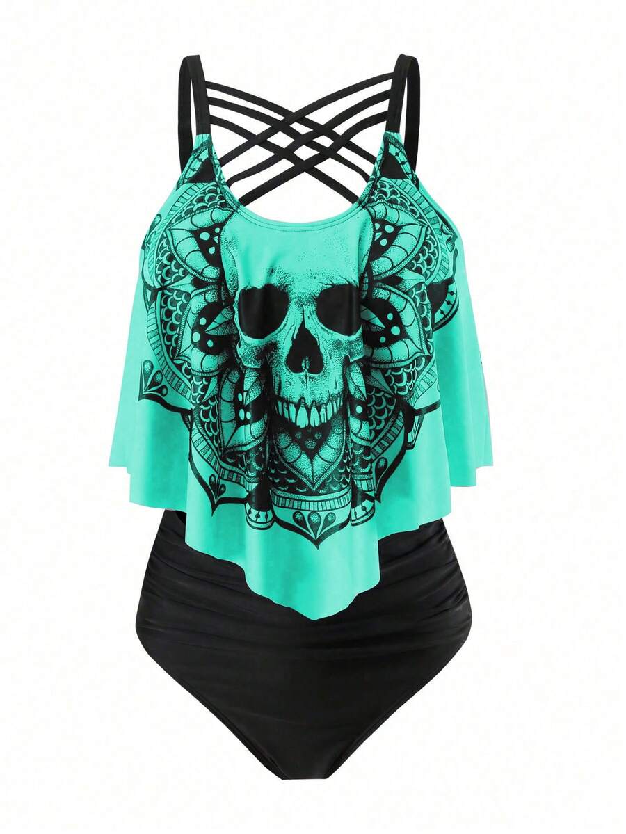 SHEIN Swim Curve 大码骷髅印花不对称下摆吊带泳衣上装和纯色吊带泳裤套装 - 彩色 - 查看 1