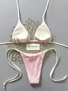 Swim Mod 2026 Spring/Summer Beige Spaghetti Strap Halter Neck Pink Pleated Textured Fabric Side High Cut Women's Bikini 2-Piece Set - Pink - View 2