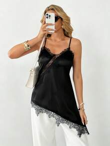 Pariaura 女士性感蕾丝吊带背心，缎面扭结不对称下摆露脐上衣，百搭叠穿单品 - 黑色 - 查看 7
