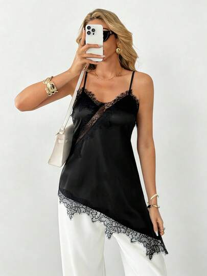 Pariaura 女士性感蕾丝吊带背心，缎面扭结不对称下摆露脐上衣，百搭叠穿单品